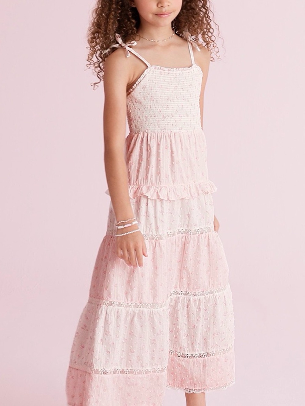 LoveShackFancy Stella Ditsy Floral Tiered Maxi Dress Light Pink